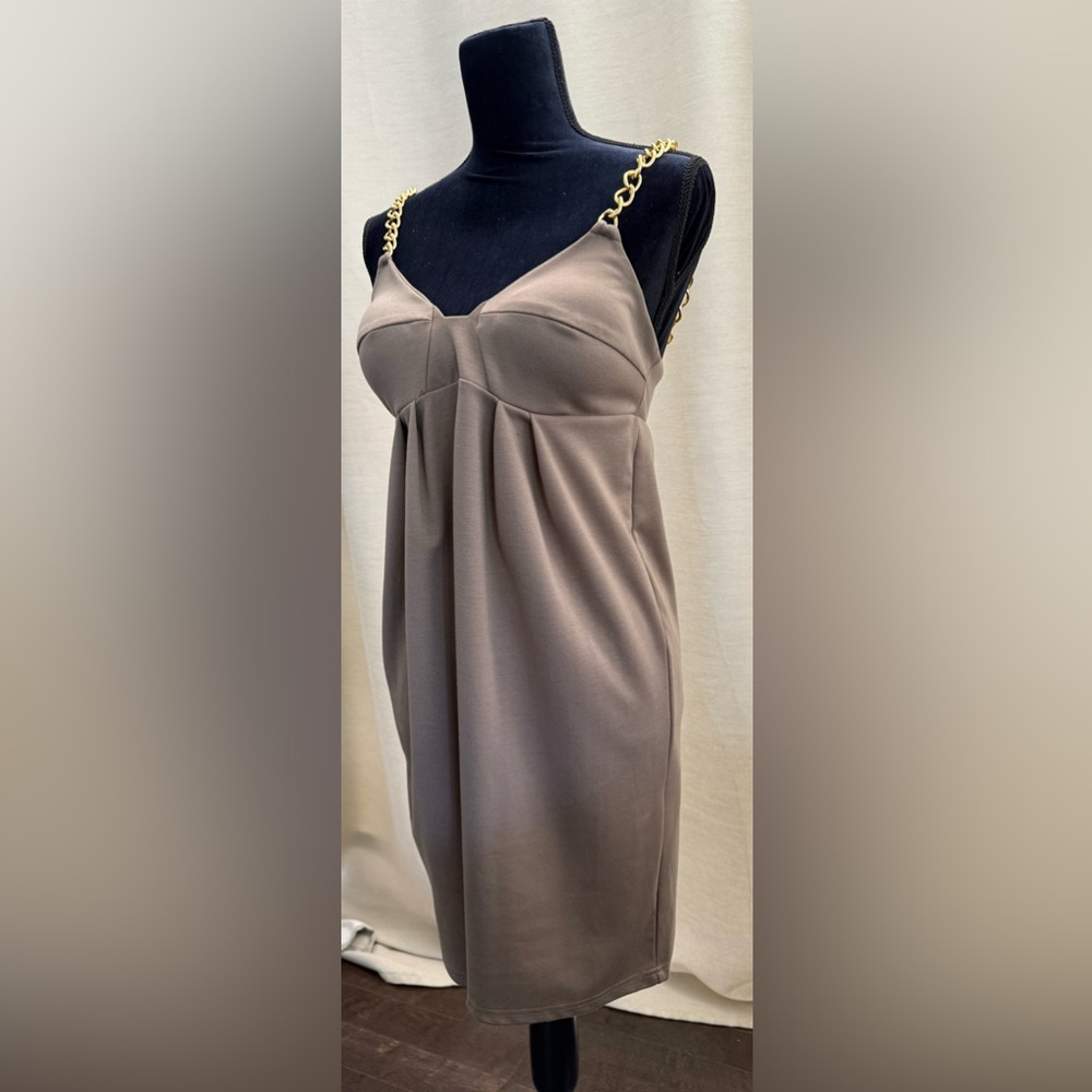 Chic Tan Dress with Gold Chain Straps
